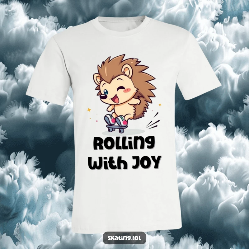Funny Hedgehog T-Shirt: A clumsy hedgehog character is depicted rolling on skates, accompanied by giggles.