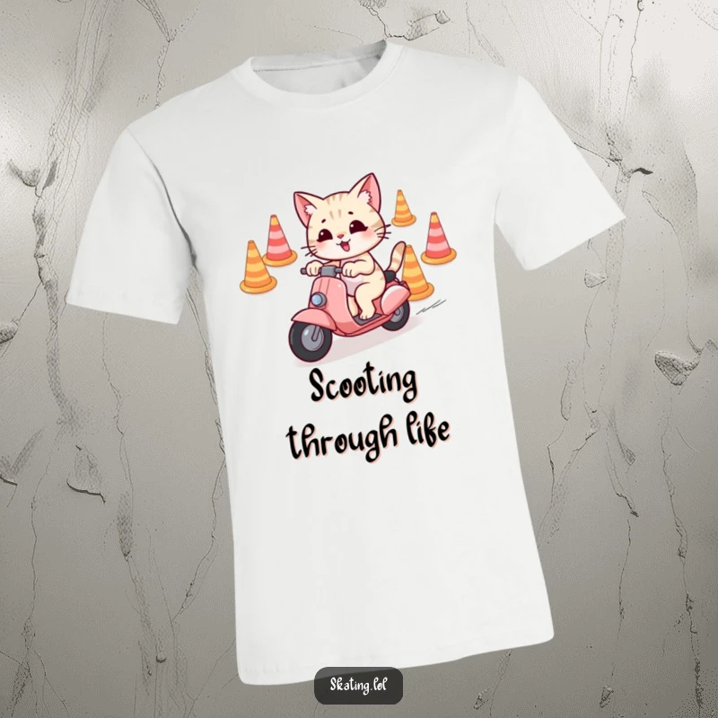 Funny T-Shirt featuring a playful cat character skillfully navigating a scooter through cones, radiating agility and fun.