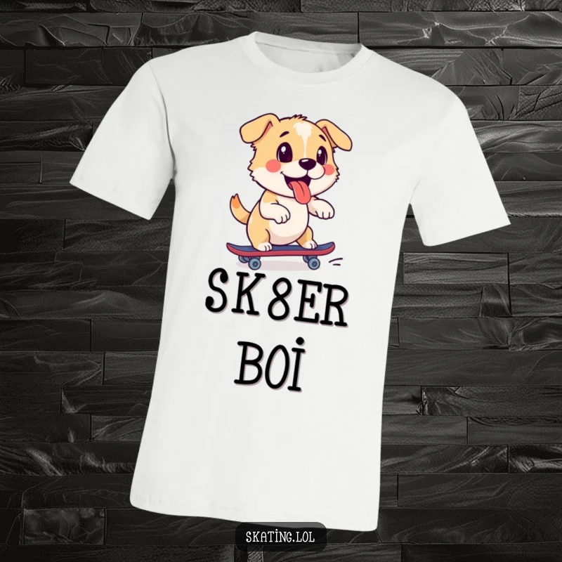Funny dog t-shirt depicting a playful dog enthusiastically pushing off on a roller skate, radiating energetic fun.