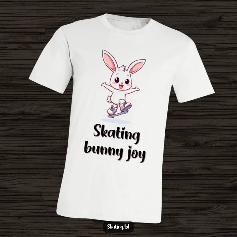 Funny t-shirt depicting a delighted bunny character enthusiastically bouncing and attempting a graceful spin on ice skates, full of playful energy.