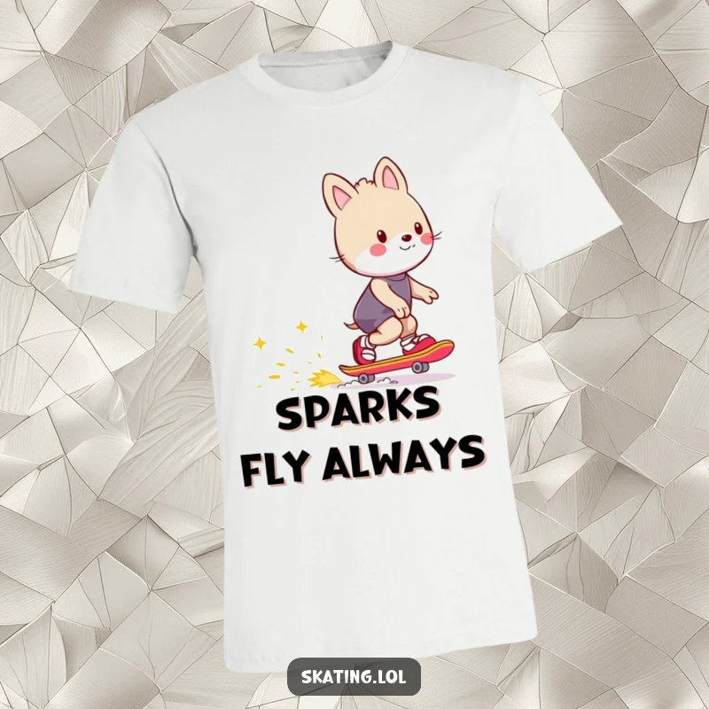 Funny t-shirt depicting an animal character skating with enthusiasm, leaving a visible trail of happy, colorful sparks in their wake, celebrating joy.