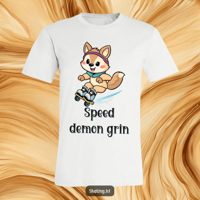 Funny animal character zooming downhill on rollerblades with a grin, printed on a t-shirt for humorous wear and speed.