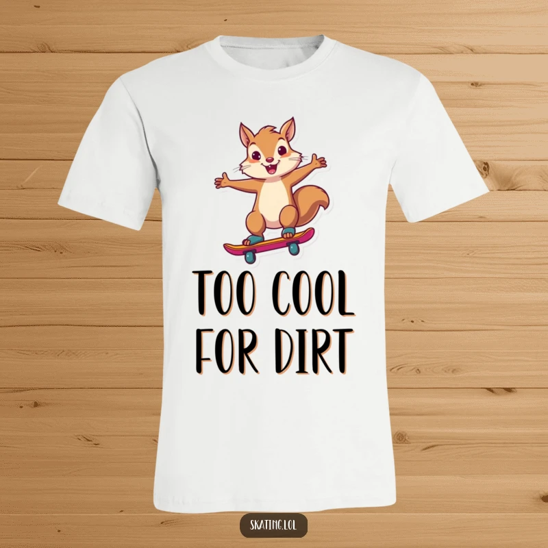 Funny squirrel, a confident skateboarder, executing a stylish skate trick with a triumphant flair on a t-shirt.
