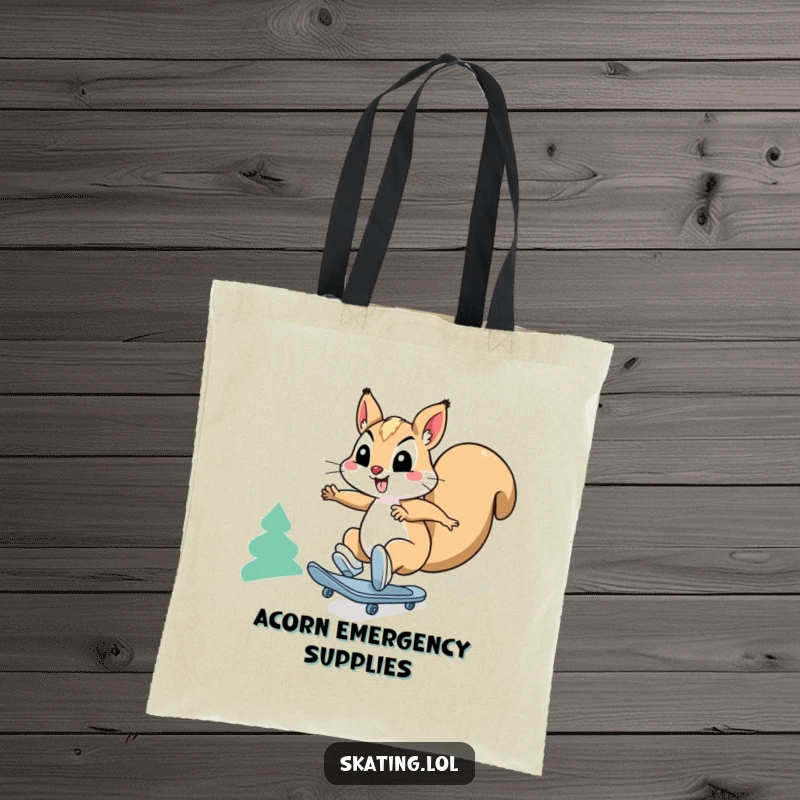 Funny squirrel tote bag: a happy squirrel character comically skates downhill at breakneck speed, a fun accessory.