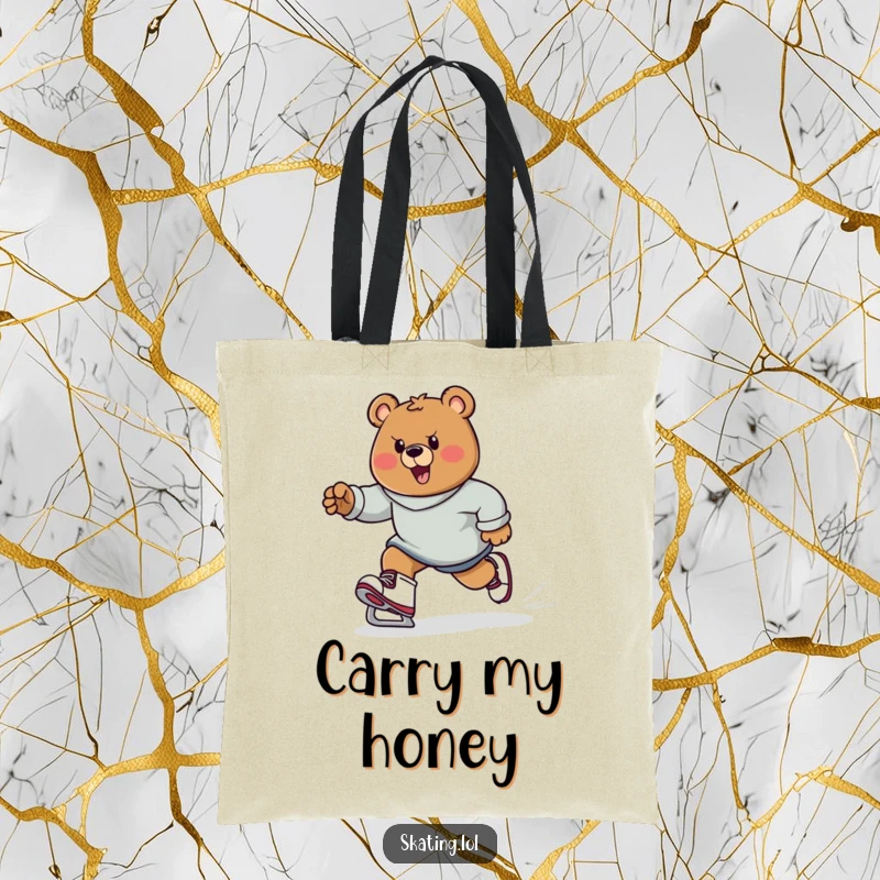 Funny determined bear character on skates, pushing off, carrying items, practical funny gift.