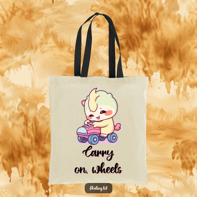 Funny tote bag with a smiling creature character examining roller skate wheels, ideal for carrying items with a curious spirit.
