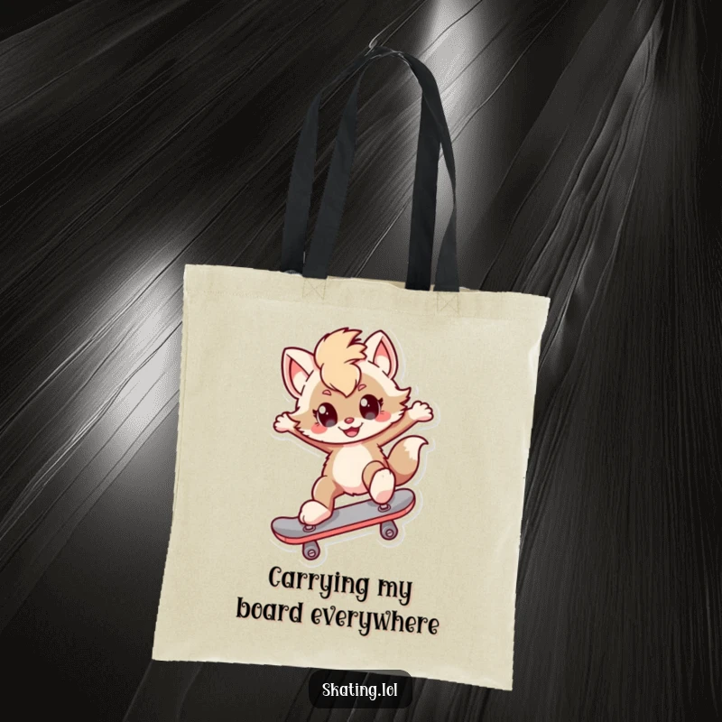 Funny Tote Bag: A furry character with a sly smirk attempts a kickflip on a skateboard, perfect for errands and fun.