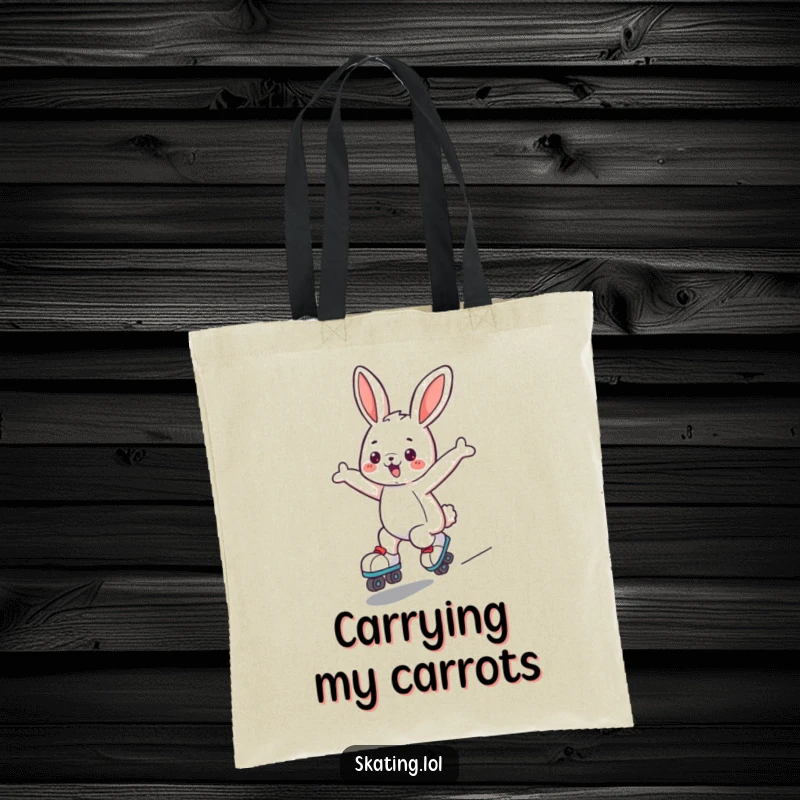 Funny bunny tote bag with a cute character joyfully roller skating, arms outstretched, a perfect accessory for carrying essentials with fun.