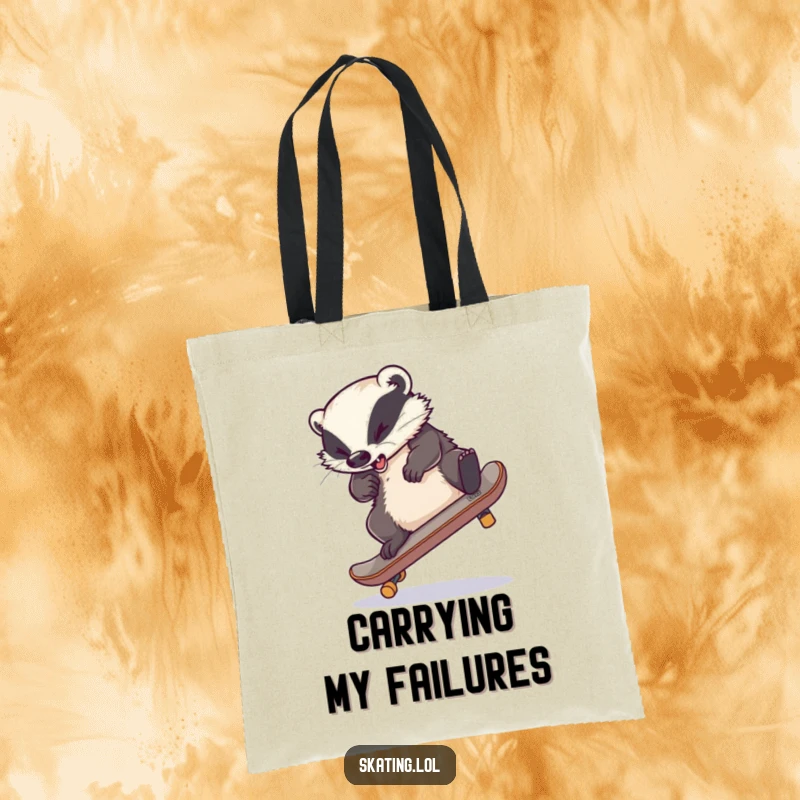 Funny tote bag with a clumsy badger mid-skateboard-flip fail, legs entangled, expressing delightful chaos and fun.