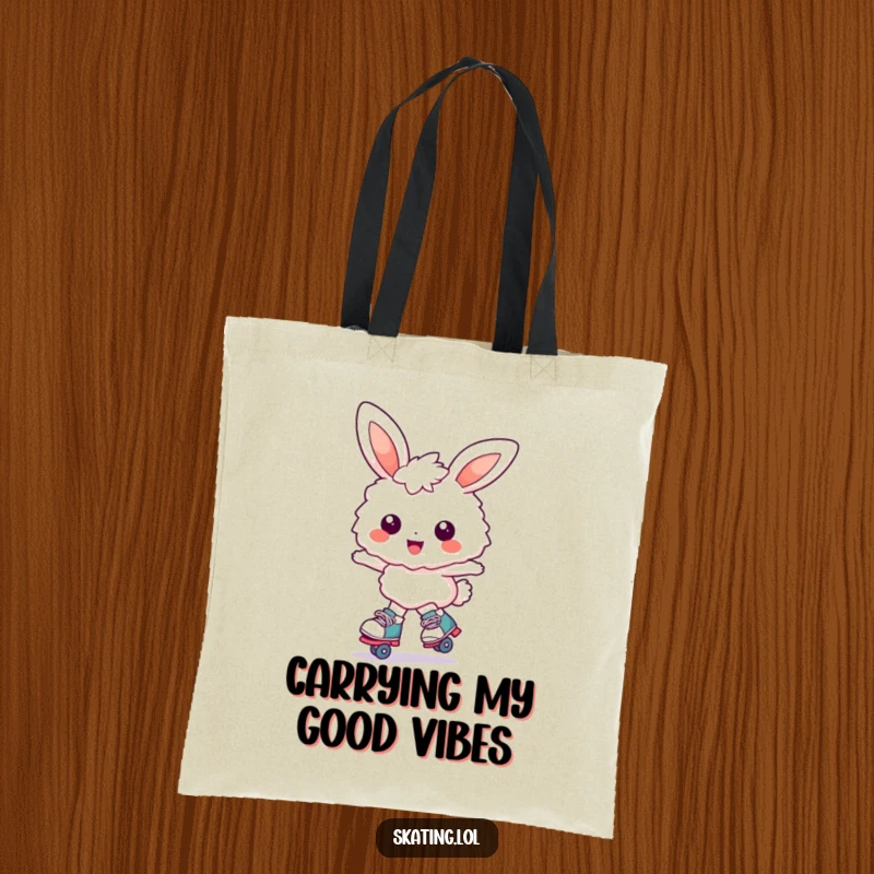 Funny bunny tote bag: a fluffy bunny character joyfully glides on roller skates with a huge smile, perfect for carrying things.