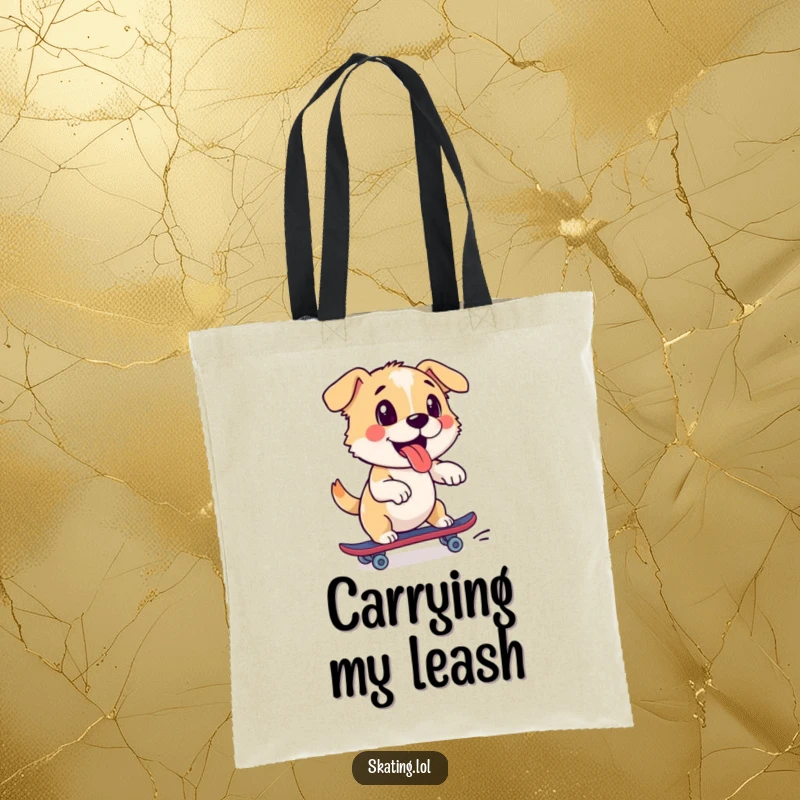 Funny dog tote bag with a playful pup enthusiastically pushing off on a roller skate, a fun and practical accessory.