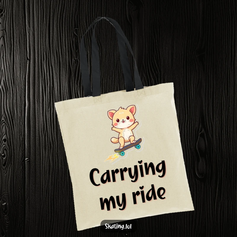 Funny tote bag showcasing a tiny animal performing a skateboard trick with wheels aglow, a playful and energetic scene.