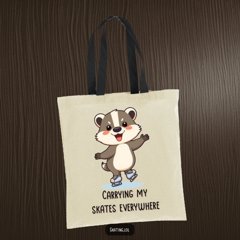 Funny ice skating badger tote bag, a delightful animal gracefully spinning on a frozen surface, a whimsical carry-all.