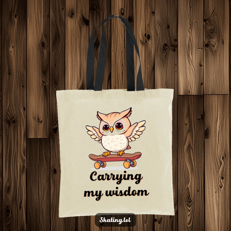 Funny Owl Skateboarder Tote Bag: A curious owl steers a skateboard with its wings, an amusing carry-all.