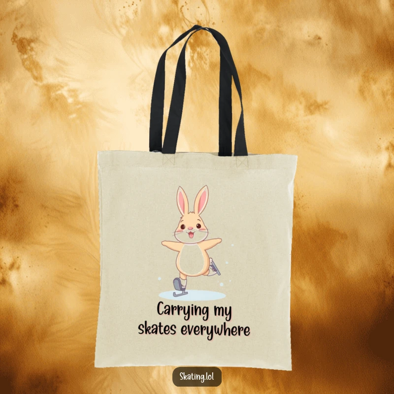 Funny tote bag with a joyful arctic hare attempting bunny hops on ice skates, perfect for carrying winter essentials with cheer.