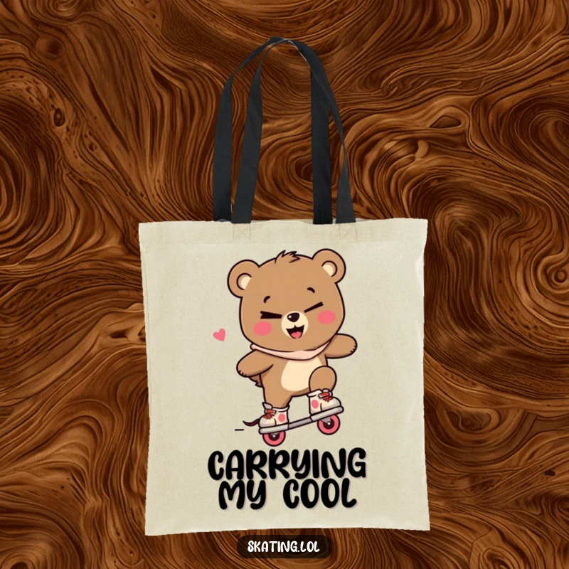 Funny bear tote bag, a bear character winking and performing a trick on inline skates with a mischievous smile.