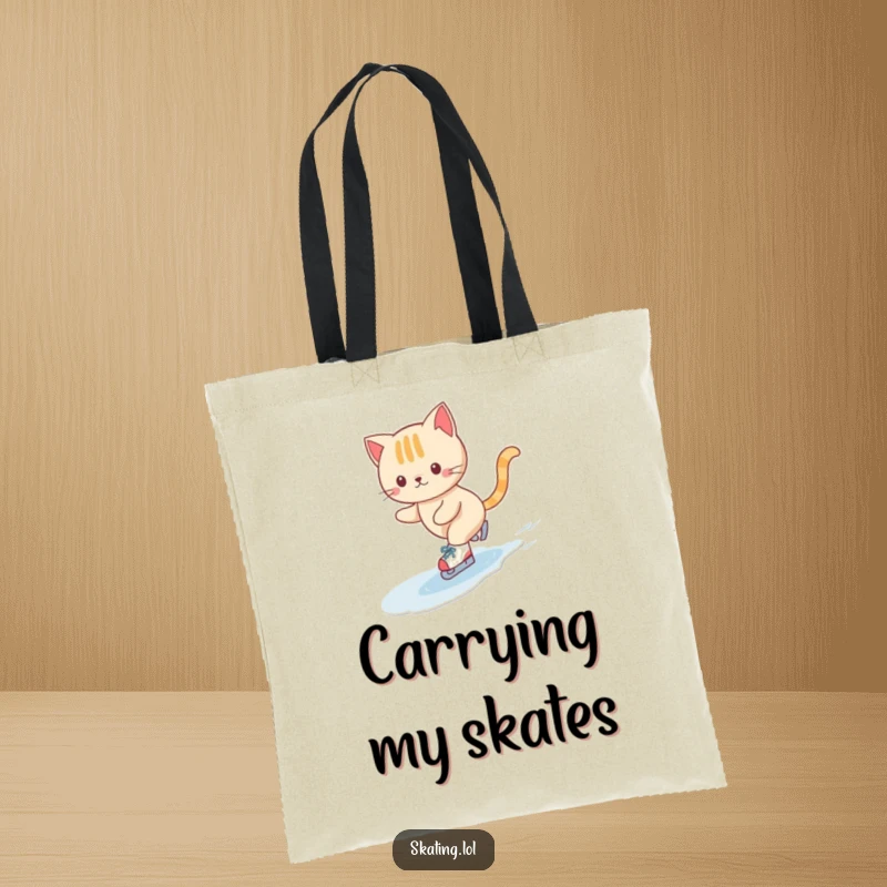 Funny tote bag featuring a cute cat character gracefully ice skating on tiny skates in a happy swirl, symbolizing playful movement.