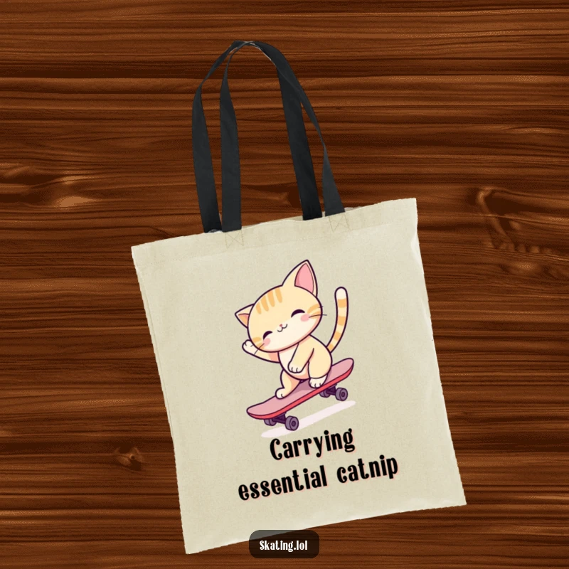 Funny cat character on a skateboard, tail high in graceful motion, perfect for a stylish and humorous tote bag.