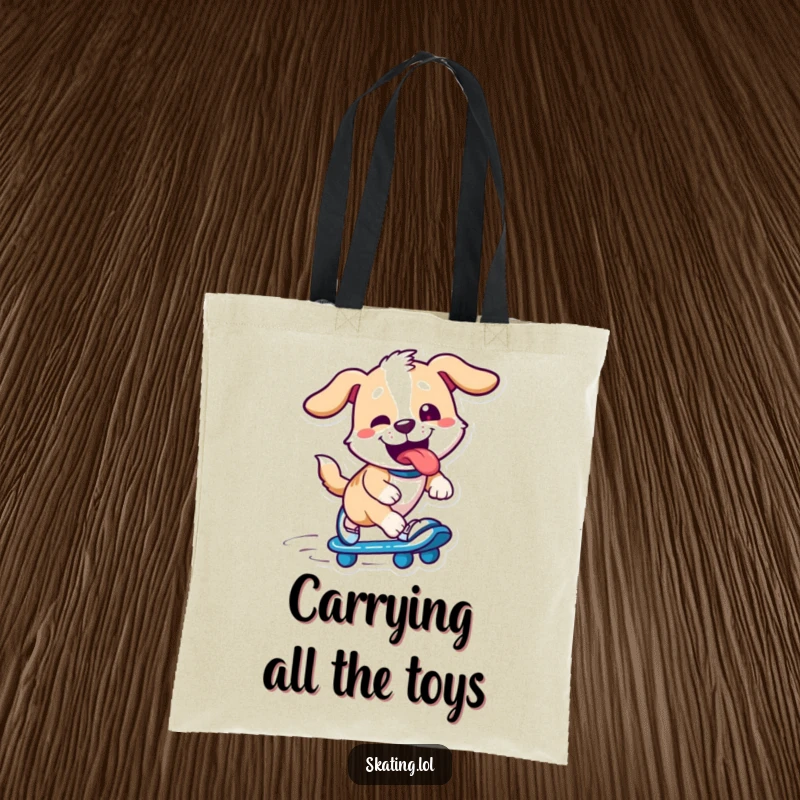 Funny dog character on skates, tongue out, big grin, carrying items, great funny gift for shopping and humor.
