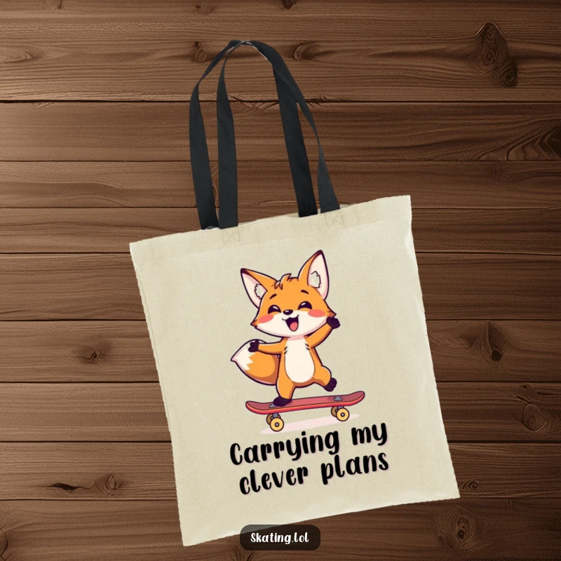 Funny fox balancing on a skateboard with one paw, designed as a humorous and practical tote bag.