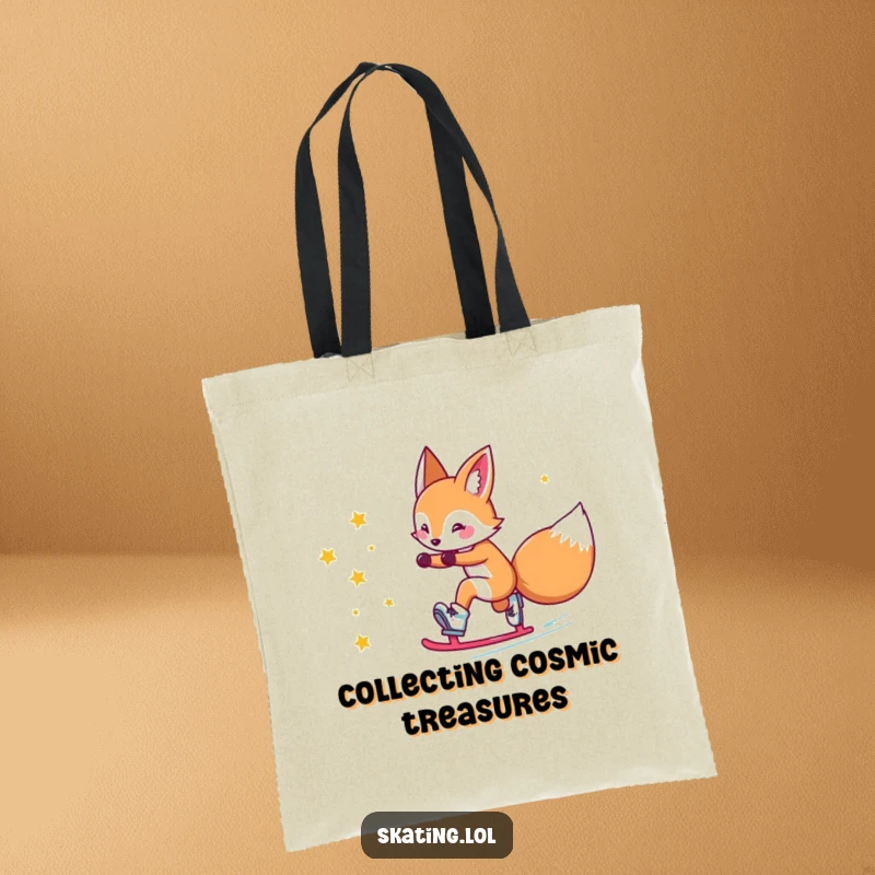 Funny fox tote bag: a cute fox character comically slides on roller skates, leaving a trail of shining stars.