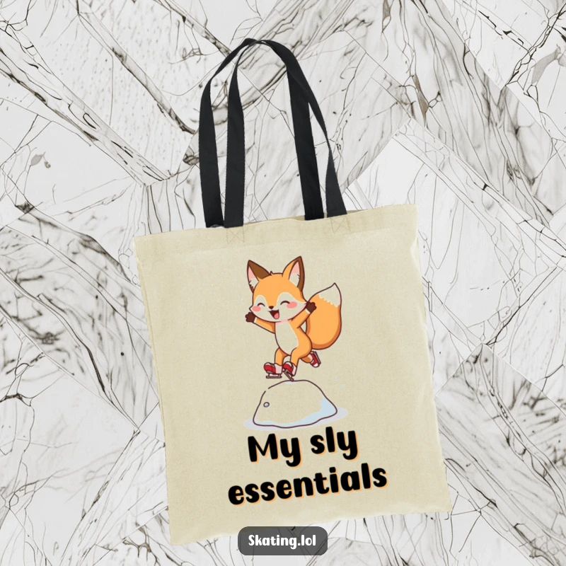 Funny Fox Tote Bag: A cheerful fox character leaps over an ice bump while skating, ready for the rink.