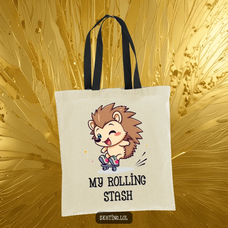 Funny Hedgehog Tote Bag: A clumsy hedgehog character rolls on skates, a flurry of giggles ensuing.