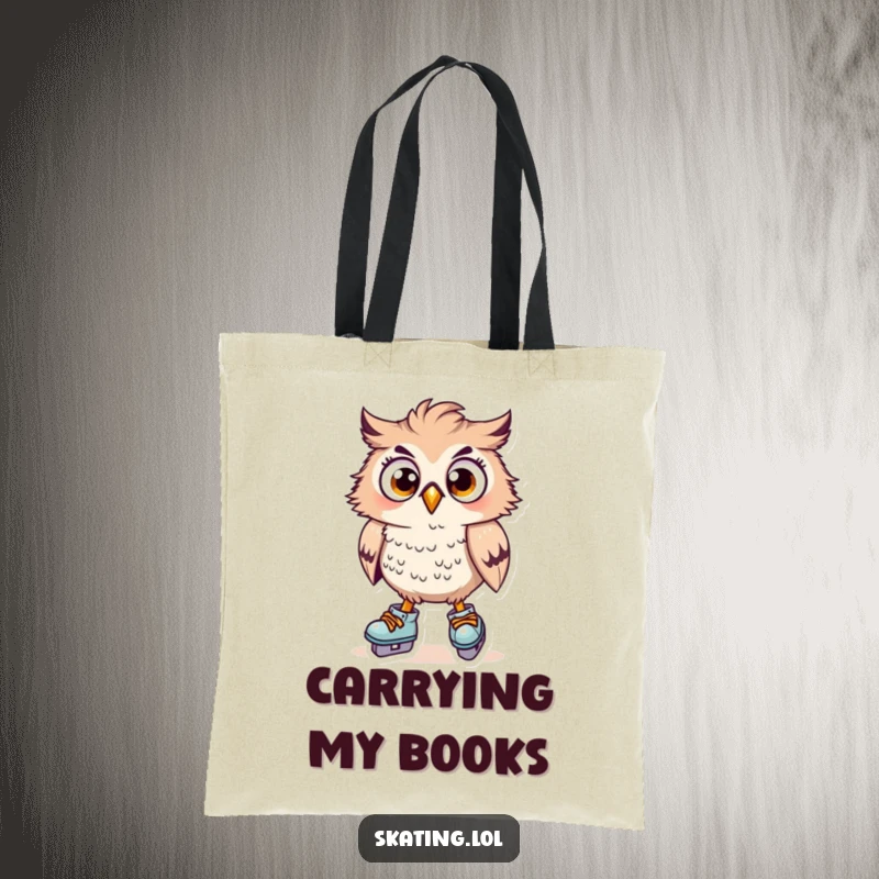 Funny surprised owl character on skates, wide eyes, feathers ruffled, carrying items, practical funny gift.