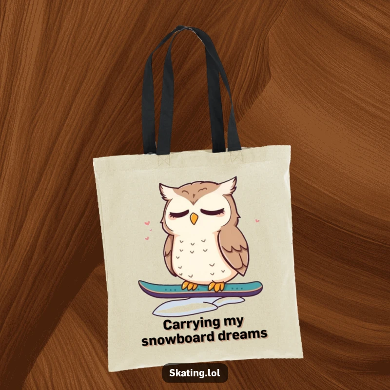 Funny tote bag with a cute, dazed owl sitting on a snowboard, perfect for carrying essentials with a sleepy, charming vibe.