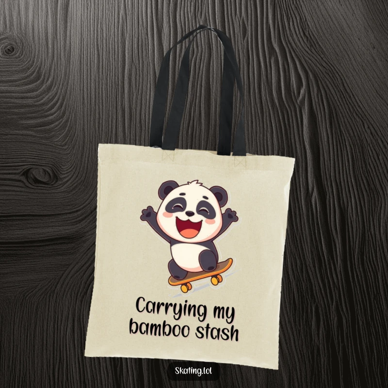 Funny panda skateboarding downhill with a grin, designed as a humorous and practical tote bag.