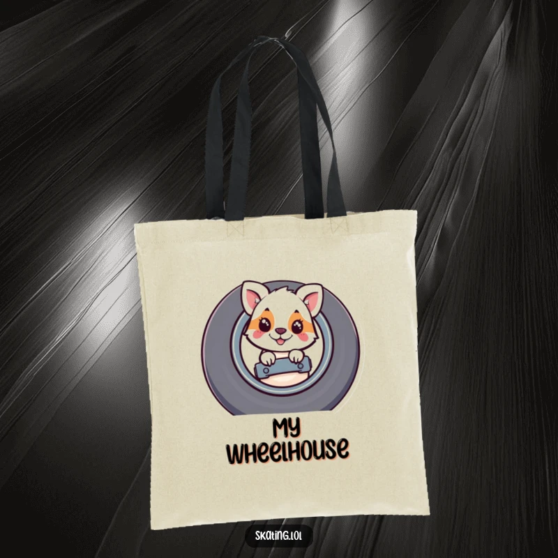 Funny tote bag featuring a whimsical animal peeking playfully from behind the large, solid structure of a skateboard wheel.