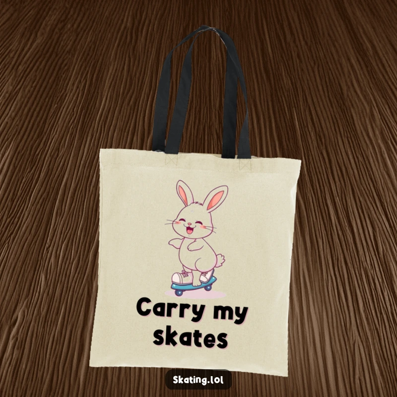 Funny giggling rabbit doing a playful spin on roller skates, humorous tote bag for skaters.