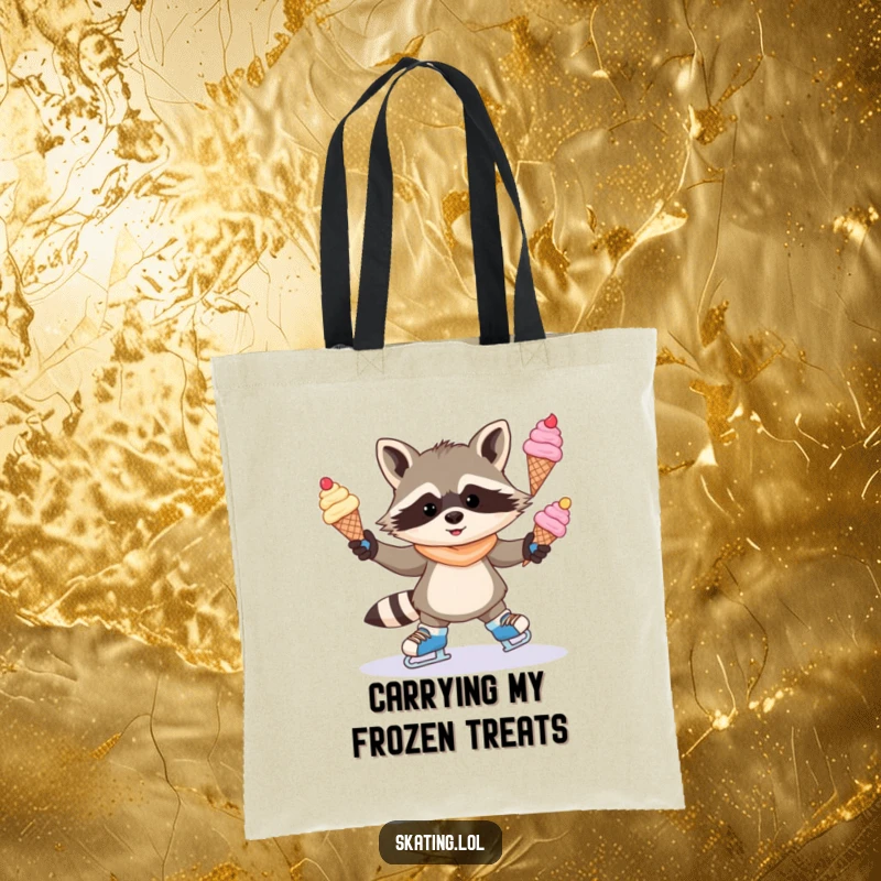 Funny tote bag with a mischievous raccoon juggling ice cream cones on ice skates, perfect for carrying treats and spreading smiles.