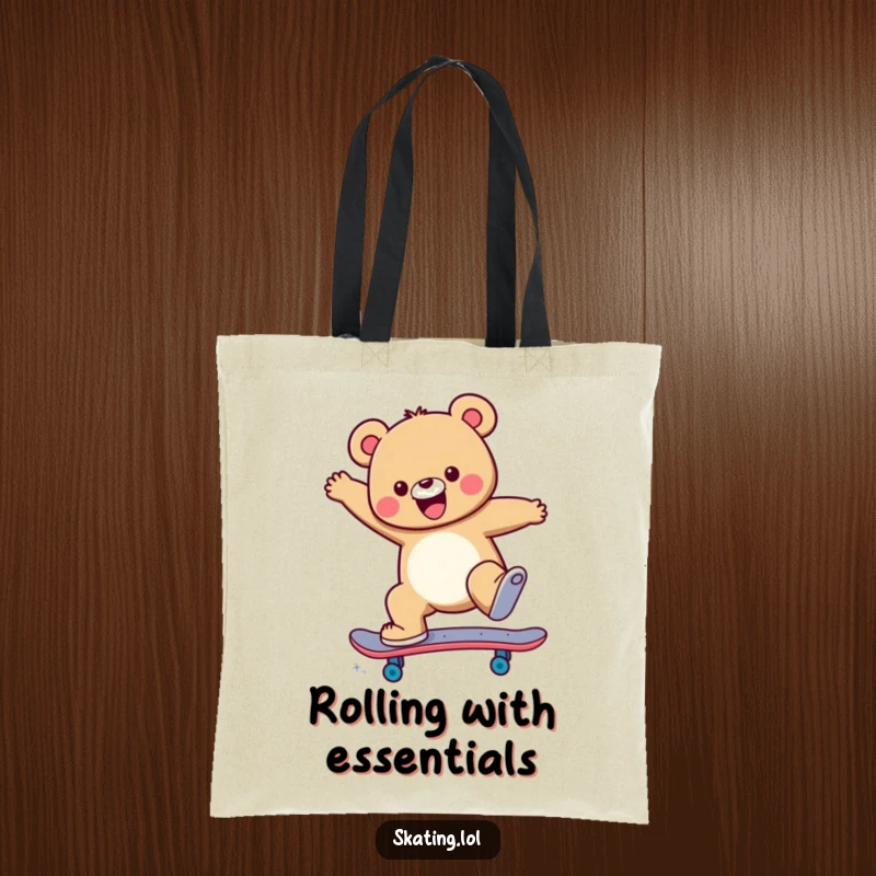 Funny Tote Bag featuring a cheerful bear character executing a skateboard jump trick, perfect for carrying skate gear.