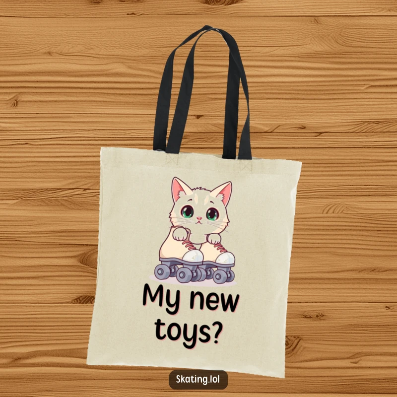 Funny surprised cat tote bag with a feline peeking from behind roller skates, a humorous and practical accessory for everyday use.