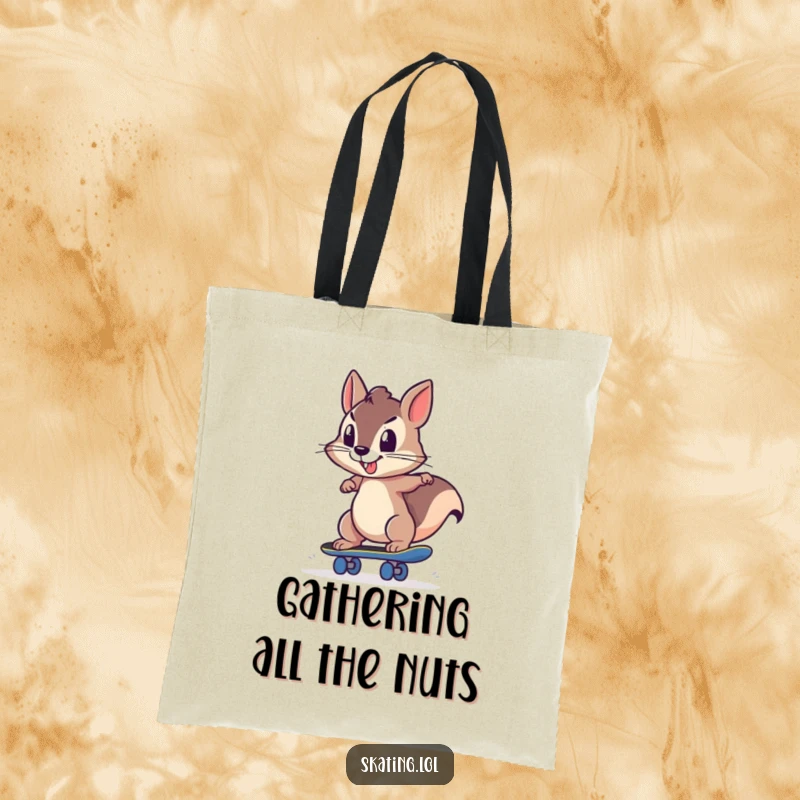 Funny squirrel character pushing off a skateboard with determination, designed for a humorous and practical tote bag.