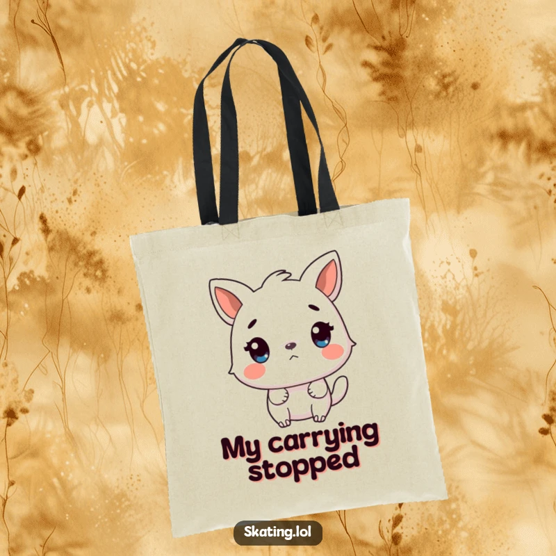 Funny tote bag showing a surprised animal character reacting to a sudden, abrupt stop, perfect for carrying items with a humorous theme.