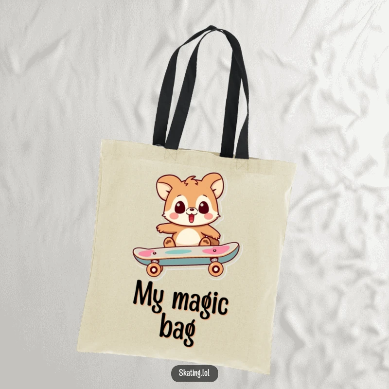 Funny tote bag showcasing a playful animal character looking surprised as their skateboard performs a trick, perfect for carrying fun.