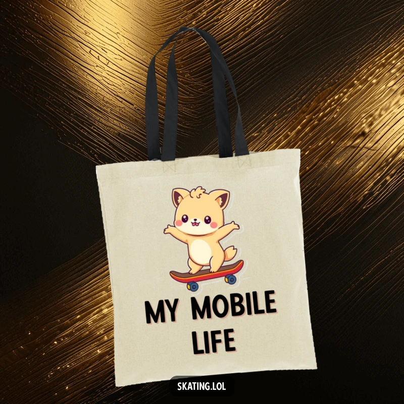 Funny tote bag depicting a cute animal characer smoothly gliding on a skateboard with arms outstretched, embodying effortless coolness.