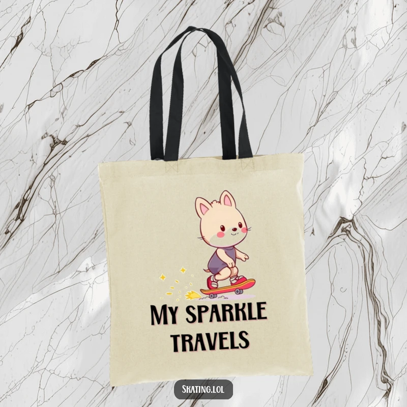 Funny tote bag depicting an animal character skating and leaving a vibrant trail of happy sparks, perfect for carrying items with a fun theme.